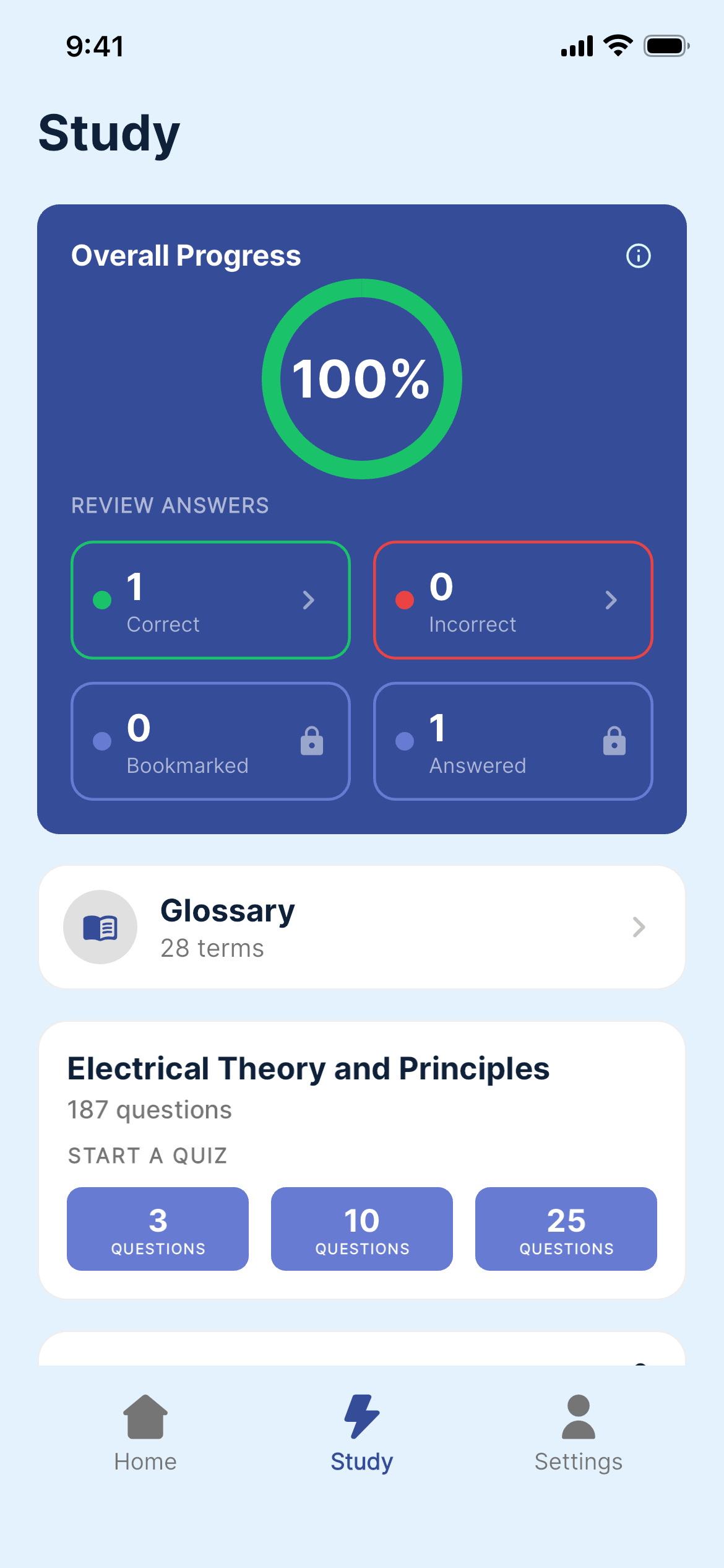 Electrician Study showing an electrical theory category quiz card