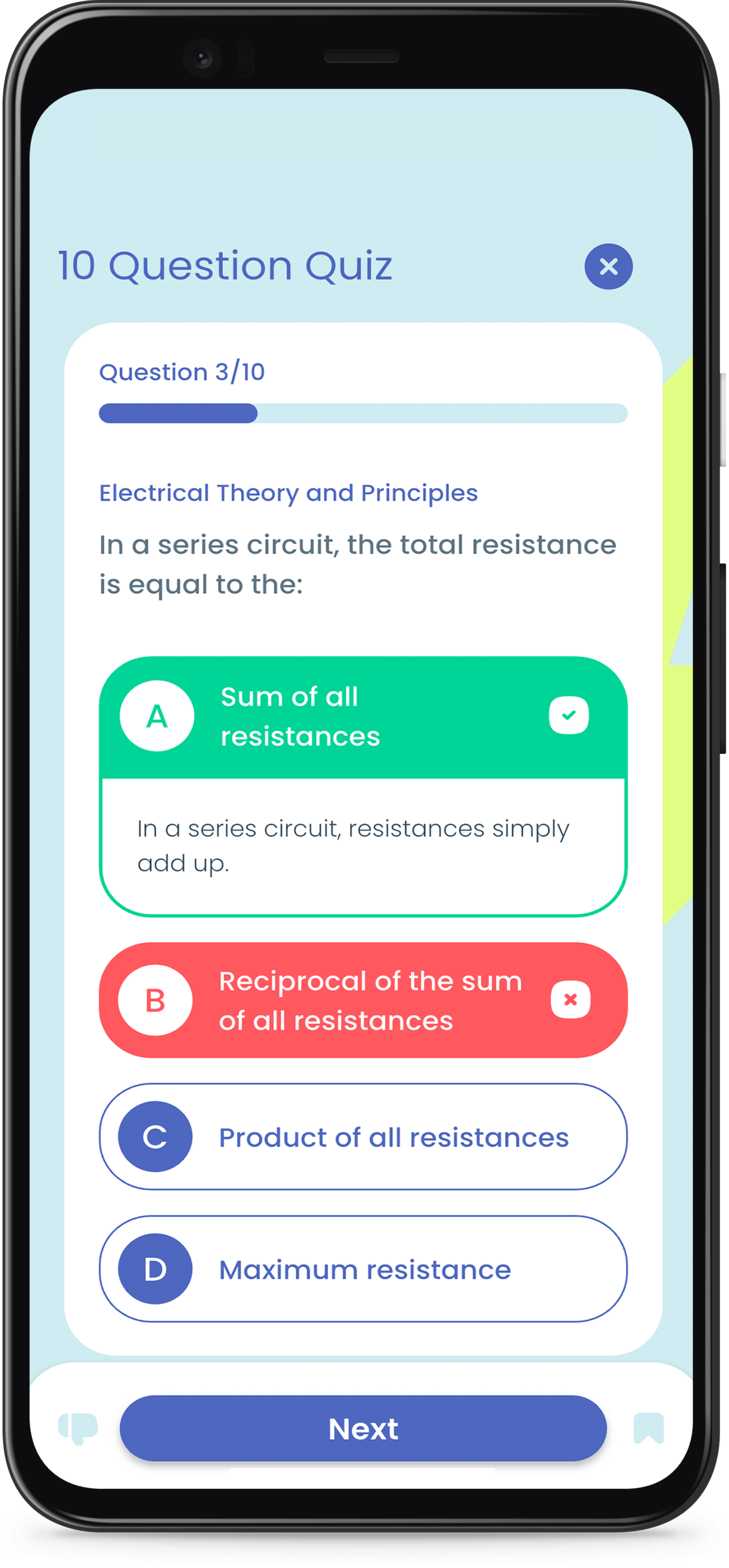 NEC code explanation screen showing detailed answer with article references